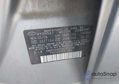 2010 Hyundai Elantra Gls z USA, uszkodzony, nr VIN KMHDU4AD5AU952996